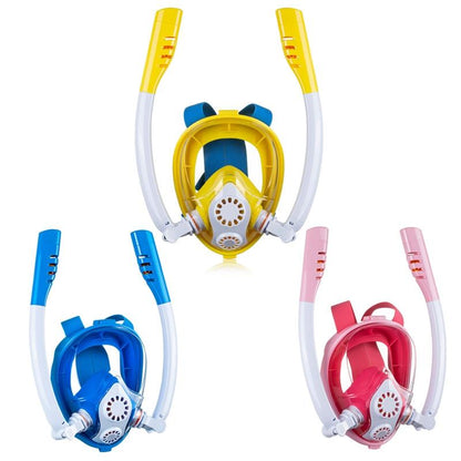 Full Dry Silicone Kids Diving Mask with Double Tubes - White Blue