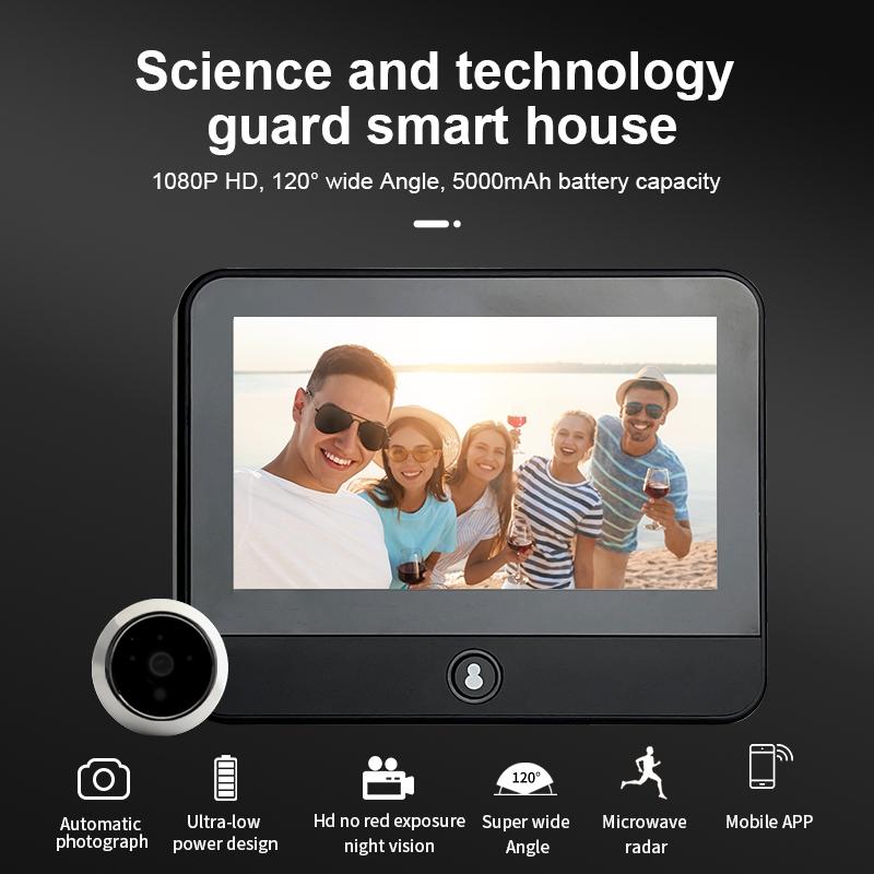 1080P Wifi Smart Cat Eye Video Doorbell With 4.3 Ips Lcd Screen And Infrared Night Vision Black