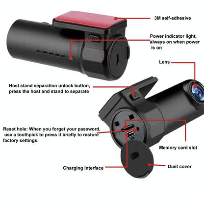 1080p Wifi Dash Cam with 170 Degree Wide Angle Lens - Hidden Car Recorder Black