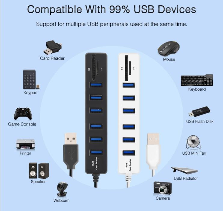 6-Port Usb Hub With Tf / Sd Card Reader High Speed - Black