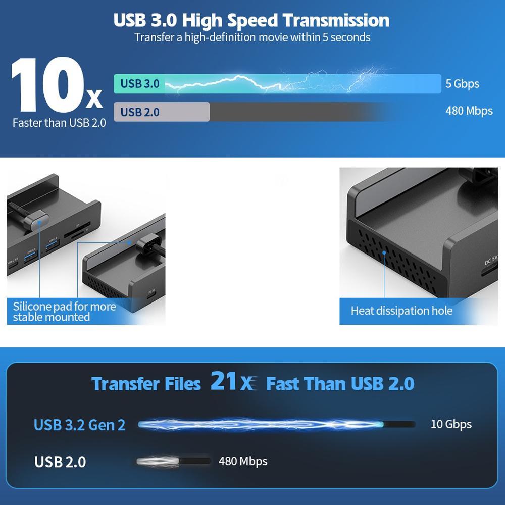 4-Port Usb3.0 Clamp Hub In Aluminum Alloy Black