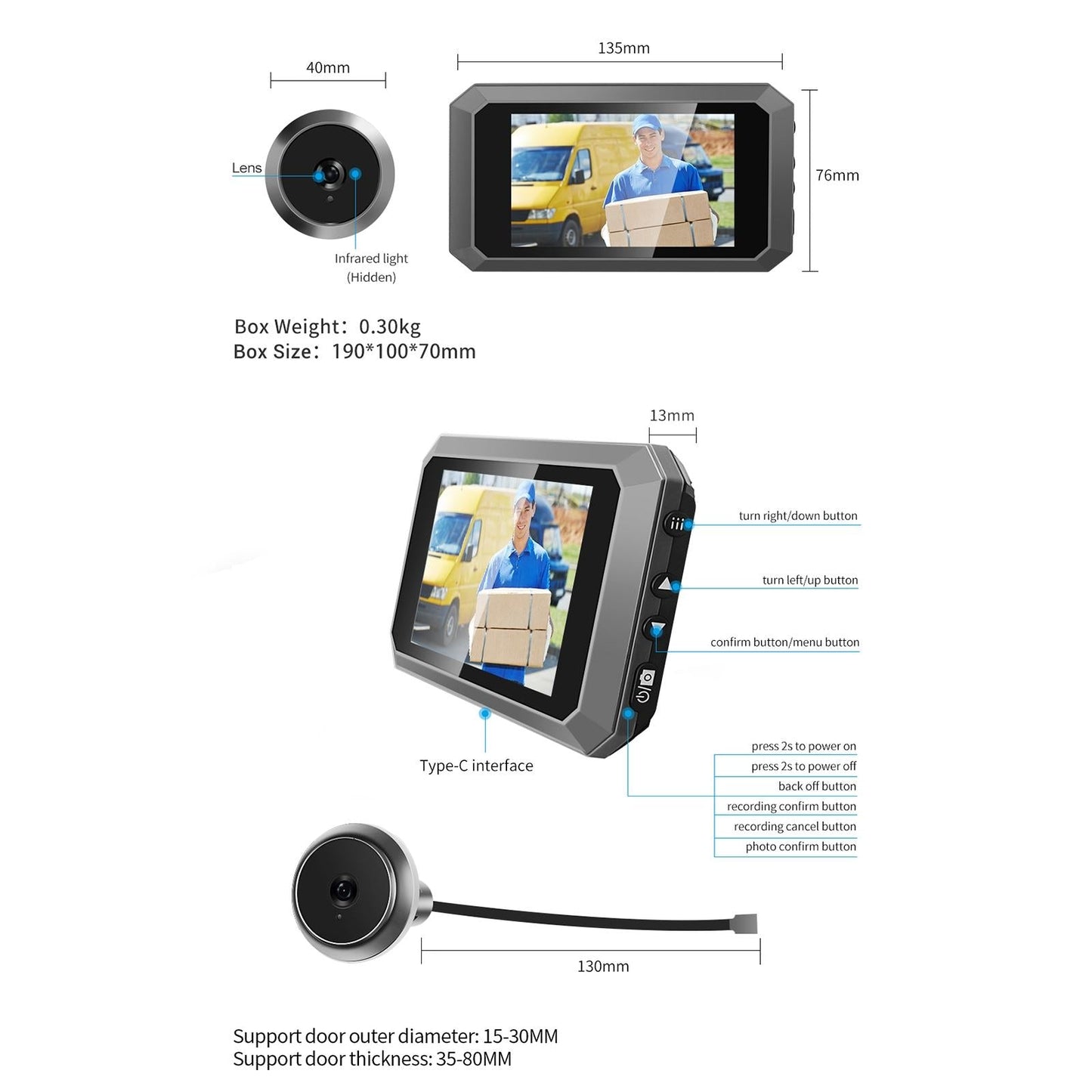 1080P Smart Digital Door Viewer With Night Vision - 3.97 Inch Wide Angle - Grey