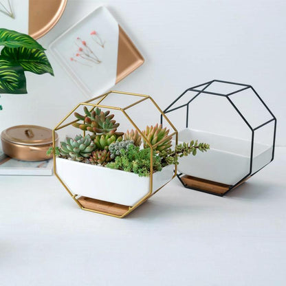 Geometric Wall Hanging Table with Bamboo Support and Iron Frame for Succulents - Black