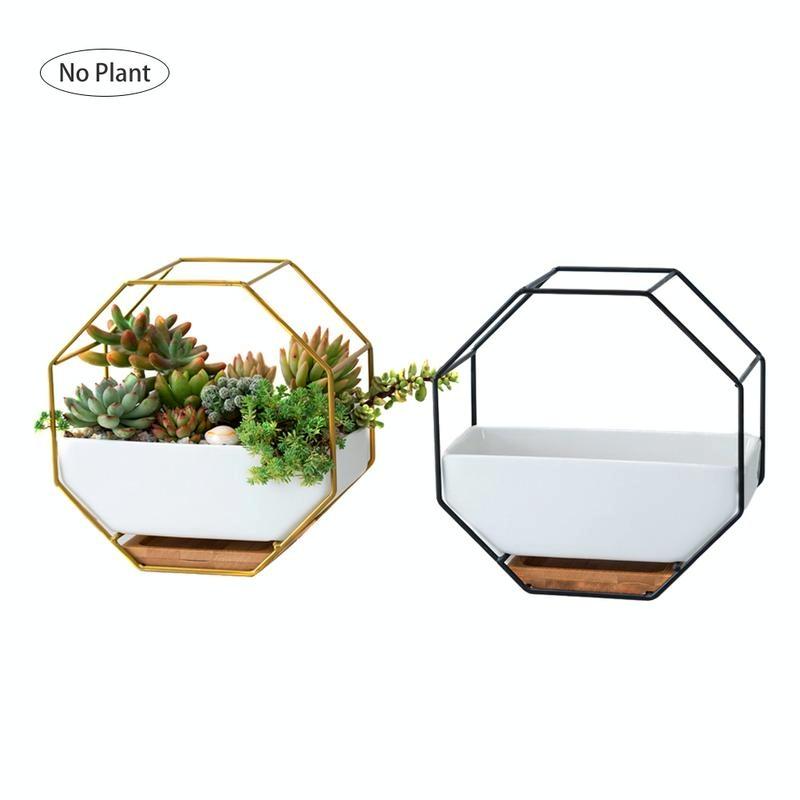 Geometric Wall Hanging Table with Bamboo Support and Iron Frame for Succulents - Black