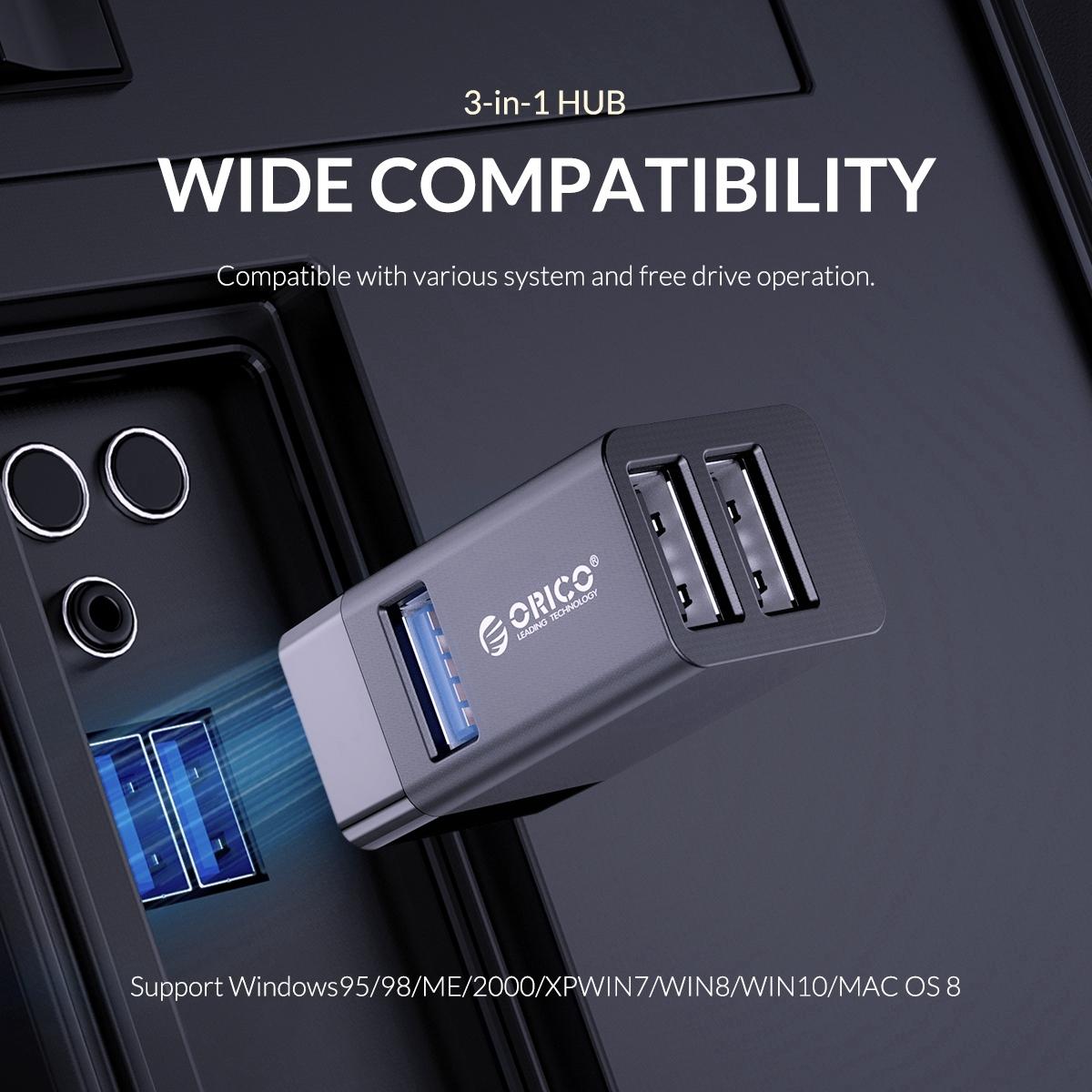 3-In-1 Usb Aluminum Mini Hub Adapter - Gray