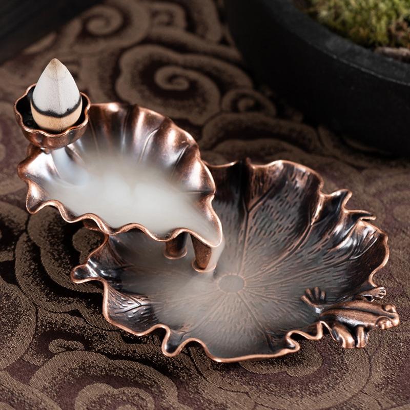 Bronze Lotus Leaf Inverted Incense Burner - Antique Indoor - Bronze Colour