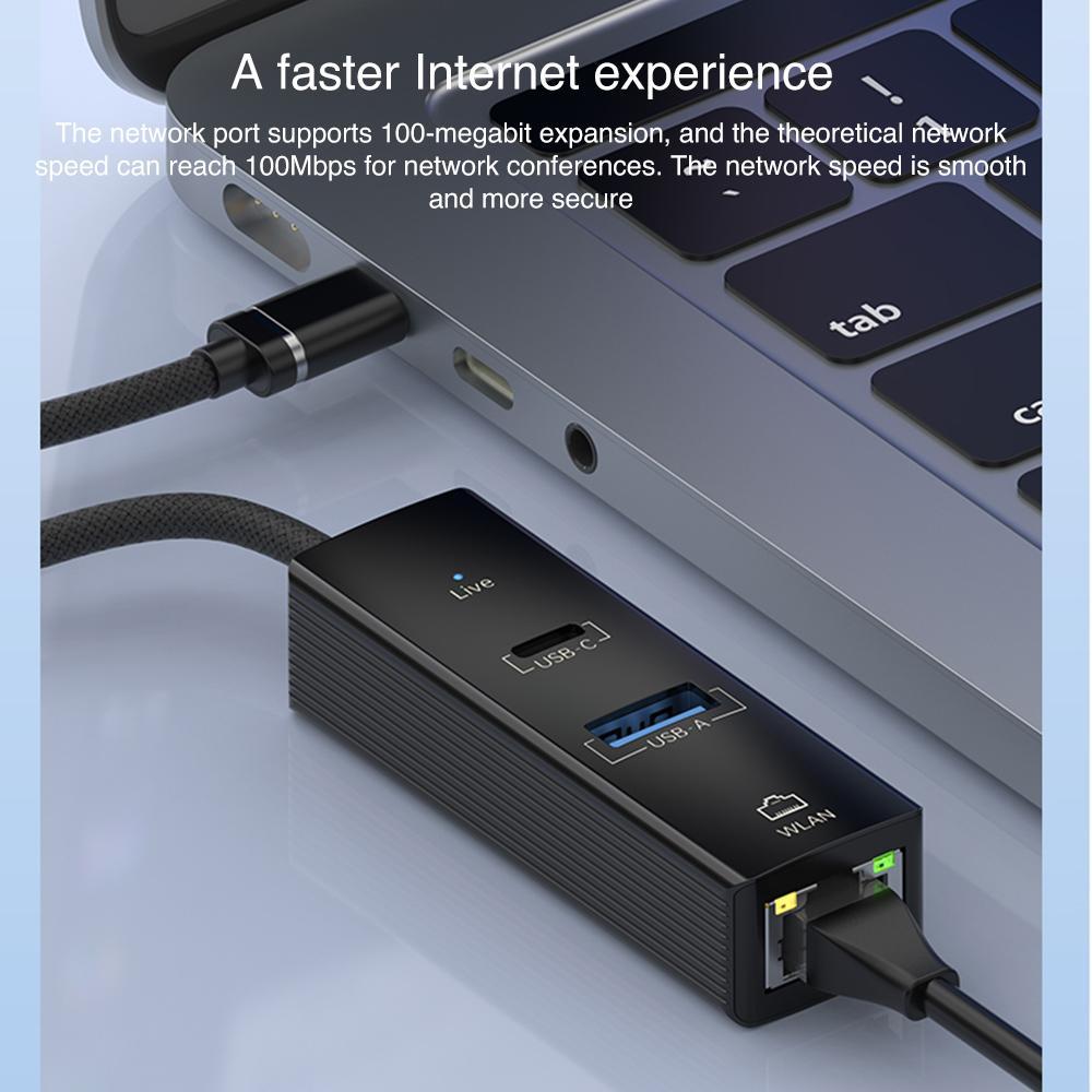 8 Pin To Type-C Rj45 Usb-A Hub Converter - Silver