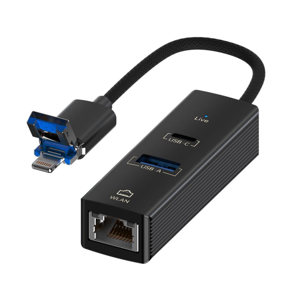 8 Pin To Type-C Rj45 Usb-A Hub Converter - Silver