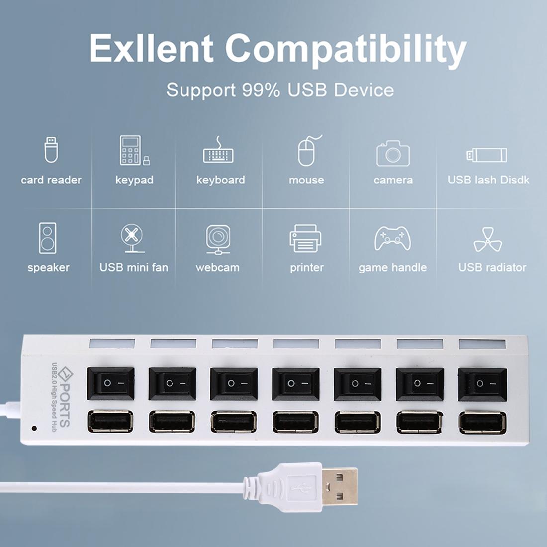 7-Port Usb Hub With High Speed 480Mbps On / Off Switch & 7 Leds - Black