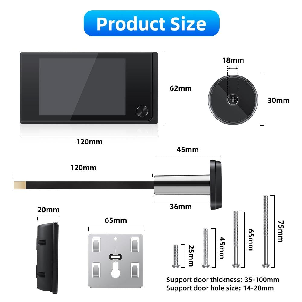 2.0Mp Digital Peephole Door Viewer With 3.5 Screen - Black