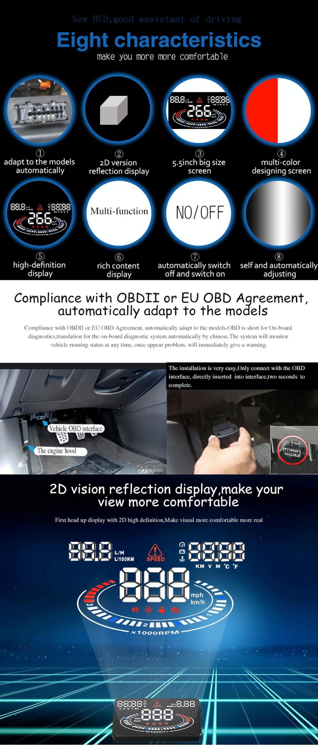 5.5 Inch Car Obdii / Euobd Hud Display Speed Fuel Alarm Black