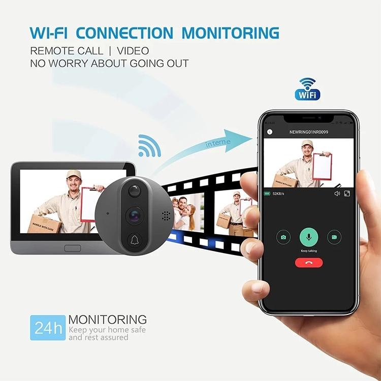 Smart Wifi Video Doorbell - 4.3 Inch Visual Peephole - Black