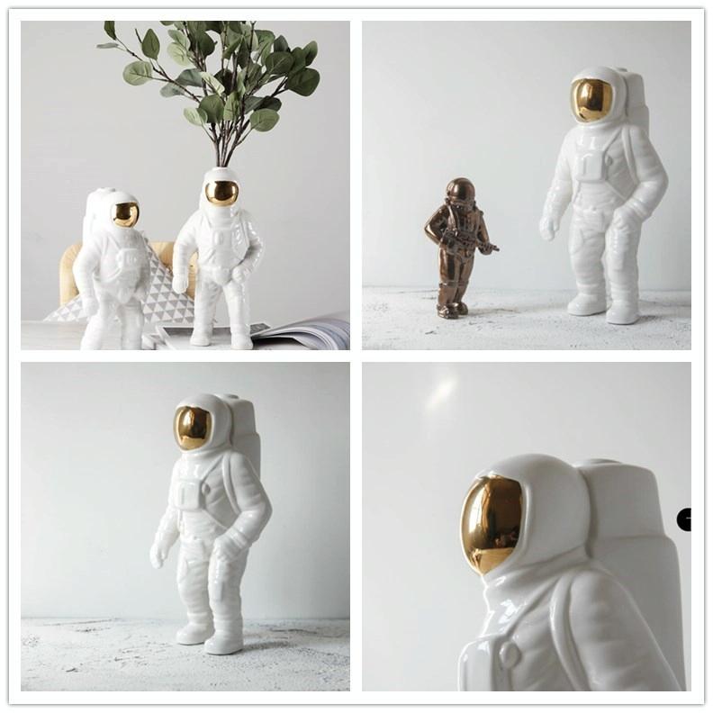 Salute Astronaut Ceramic Vase - Tabletop Decor with Dried Flowers - Silver