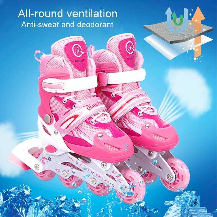Flash Straight Row Roller Skating Shoes Suit for Kids and Adults - Medium Size - Pink