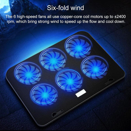 Silent Six-fan Cooling Holder for Notebook Computers - Black