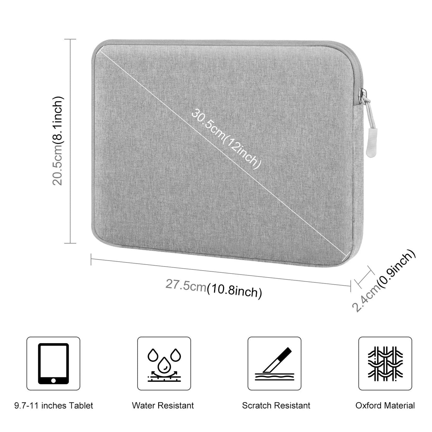 11 Tablet Sleeve Briefcase for 9.7-11.0 Tablets - Zipper Closure - Grey