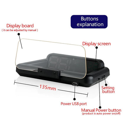 Virtual Hd Car Hud Display Speed Rpm Water Temp Oil Consumption Distance / Time Voltage Over Speed Alarm - Blue