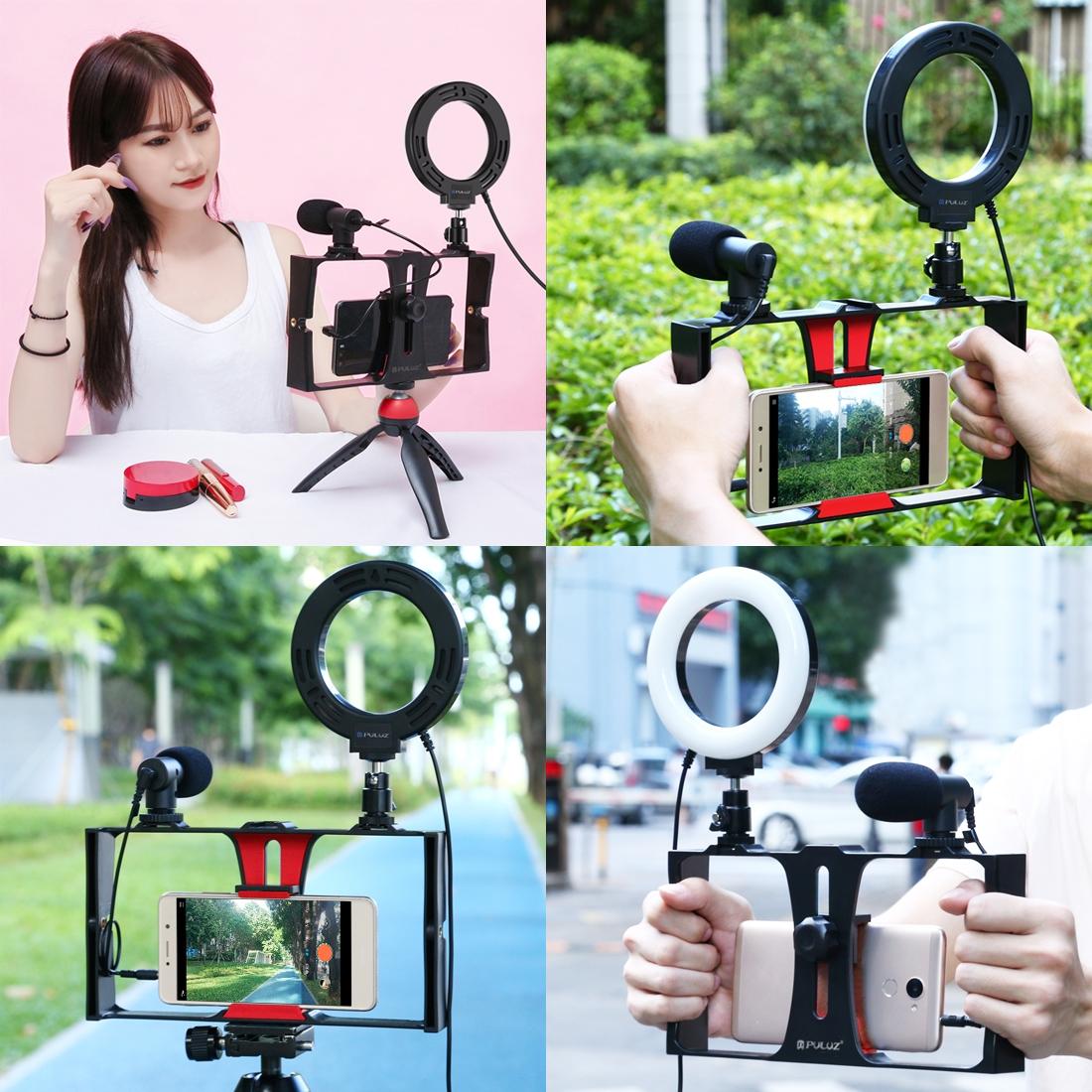 Vlogging Live Broadcast Smartphone Video Rig With 4.7 Inch Ring Led Selfie Light Kit And Cold Shoe Tripod Head - Red
