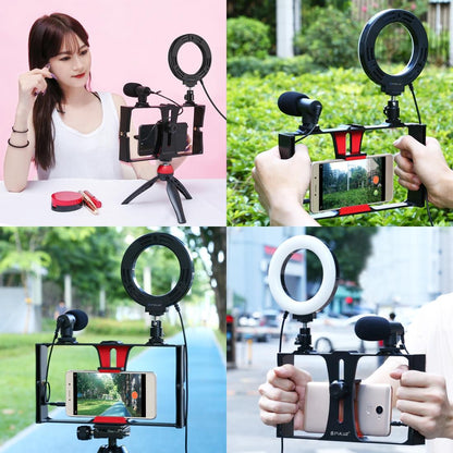 Vlogging Live Broadcast Smartphone Video Rig With 4.7 Inch Ring Led Selfie Light Kit And Cold Shoe Tripod Head - Red