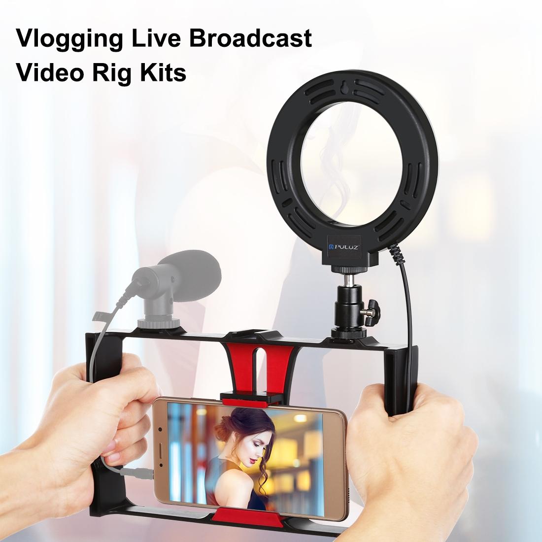 Vlogging Live Broadcast Smartphone Video Rig With 4.7 Inch Ring Led Selfie Light Kit And Cold Shoe Tripod Head - Red