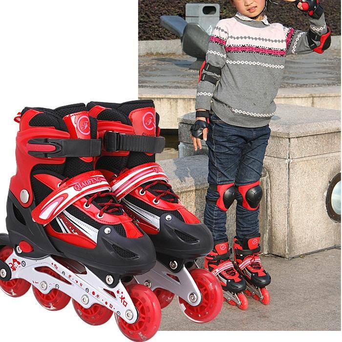 Flash Straight Row Roller Skating Shoes Suit for Kids and Adults - Medium Size - Red