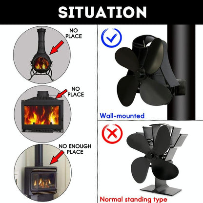 4-blade Heat Powered Fireplace Stove Fan - Aluminum - Silver