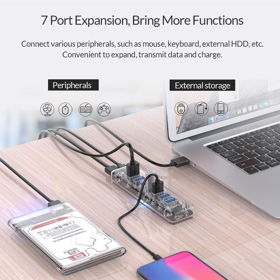 7-Port Usb 3.0 Desktop Hub With Blue Led