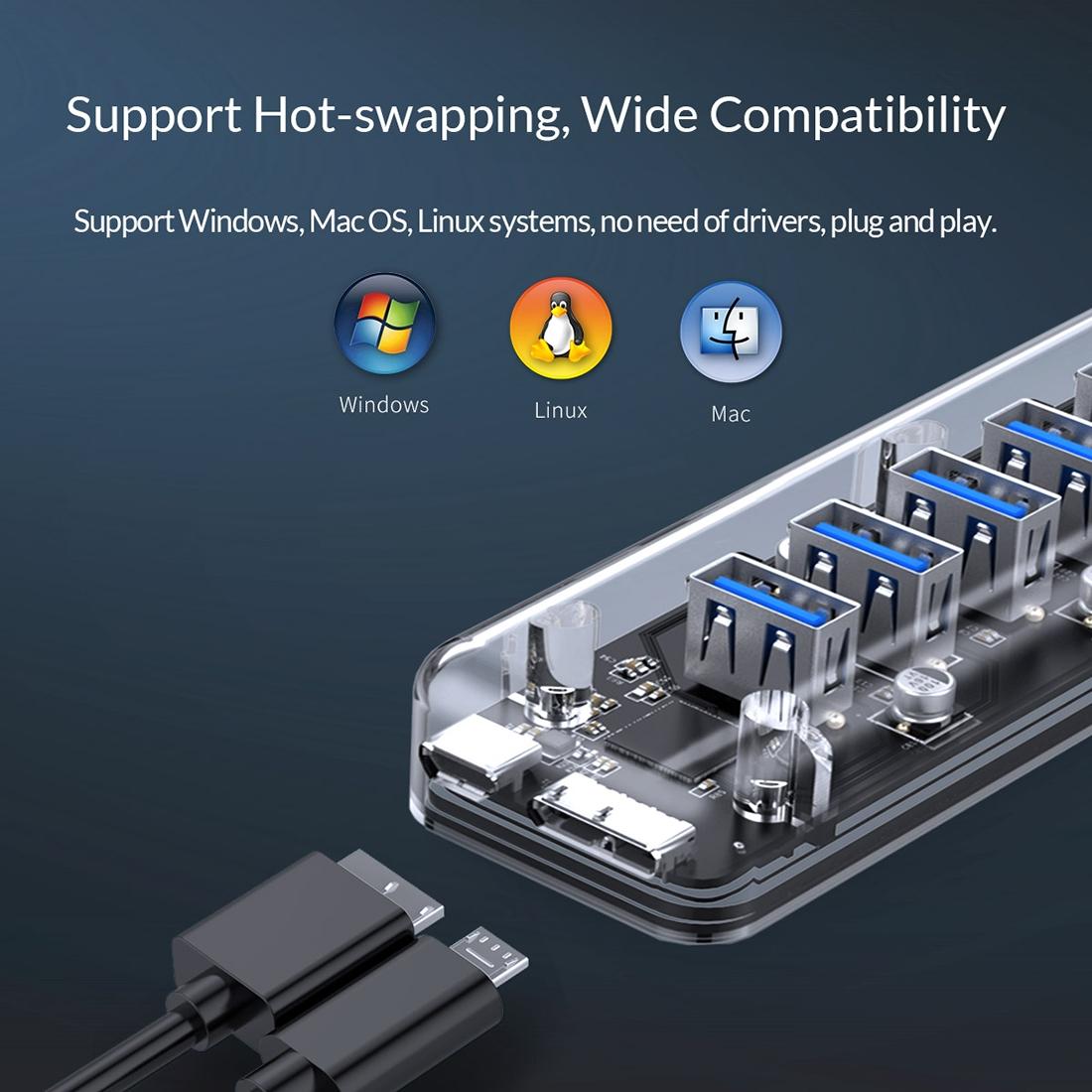 7-Port Usb 3.0 Desktop Hub With Blue Led