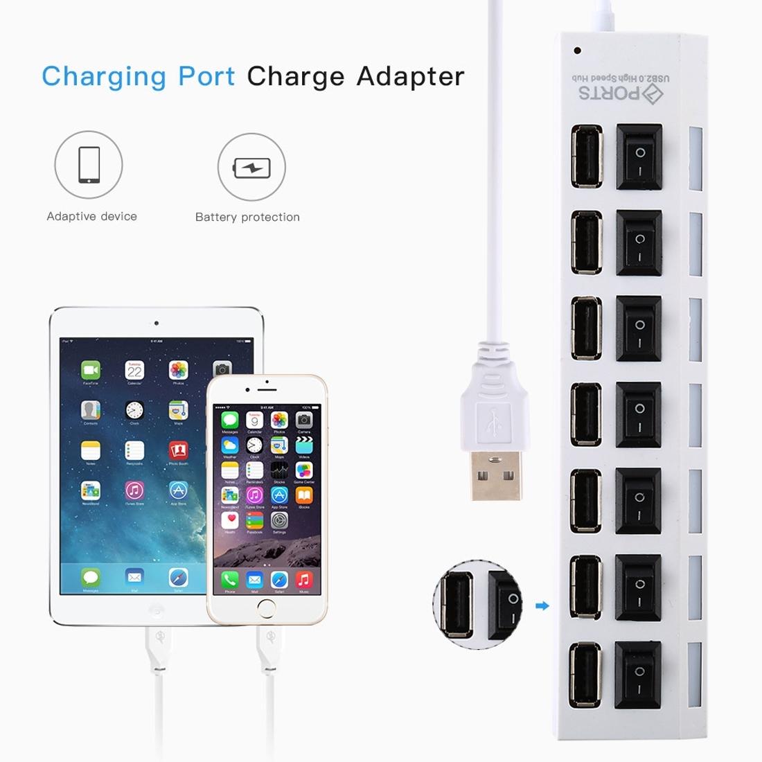 7-Port Usb Hub With High Speed 480Mbps On / Off Switch & 7 Leds - White
