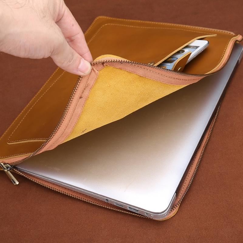Leather Laptop Tablet Bag with Zipper for Macbook Samsung Sony Dell Alienware Chuwi Asus Hp - Brown