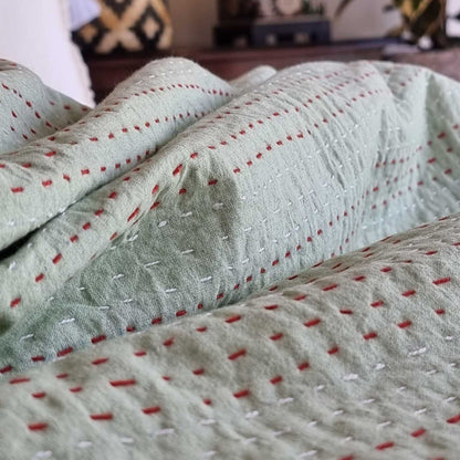 Green Berries Kantha Bedspread Coverlet - Green (King - 228 cm x 274 cm)