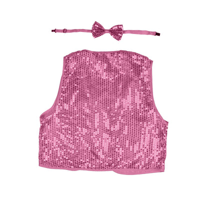 Kids Sequin Vest Bow Tie Set Costume 80s Party Dress Up Waistcoat - Light Pink