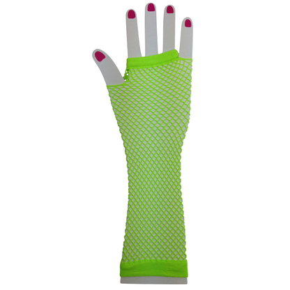 Long Elbow Length Fishnet Gloves Fingerless 70s 80s Womens Costume Party Dance in Fluro Green