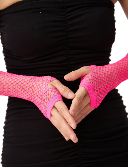 Long Elbow Length Fishnet Gloves Fingerless 70s 80s Womens Costume Party Dance in Hot Pink