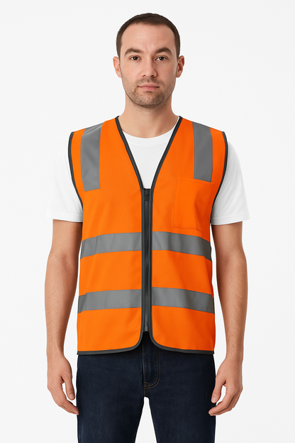 Hi Vis Safety Vest Reflective Tape Zip Up Workwear Pocket High Visibility in Orange - L