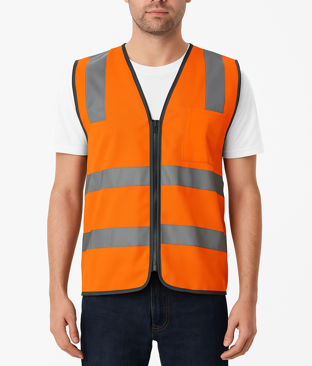 Hi Vis Safety Vest Reflective Tape Zip Up Workwear Pocket High Visibility in Orange - M