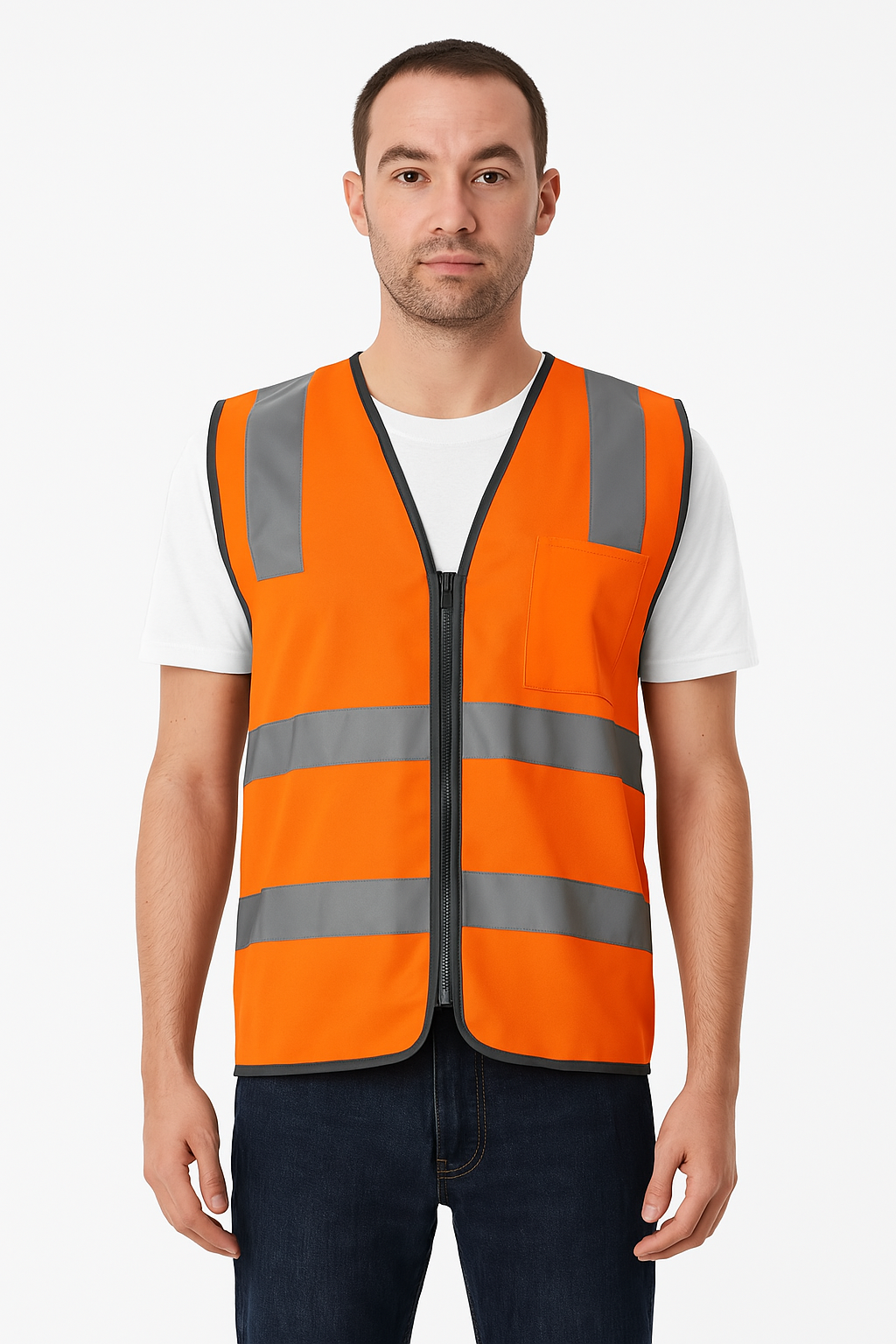 Hi Vis Safety Vest Reflective Tape Zip Up Workwear Pocket High Visibility in Orange - M
