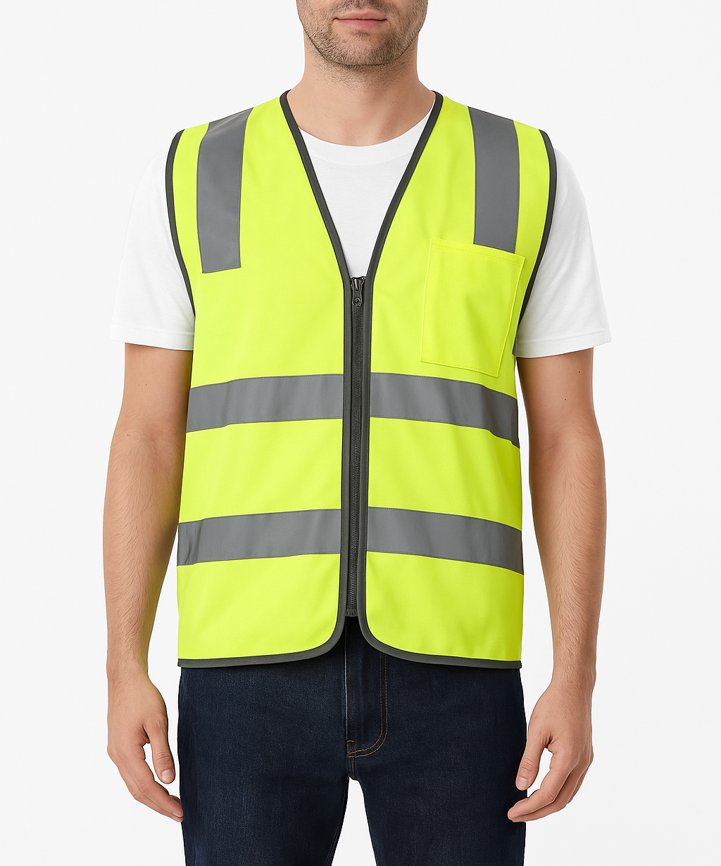 Hi Vis Safety Vest Reflective Tape Zip Up Workwear Pocket High Visibility in Yellow - XXL