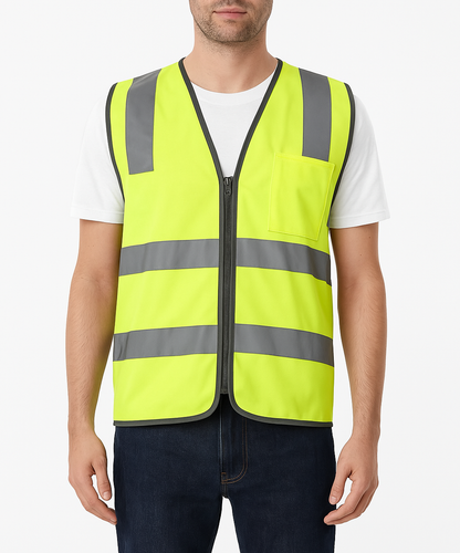 Hi Vis Safety Vest Reflective Tape Zip Up Workwear Pocket High Visibility in Yellow - XXL