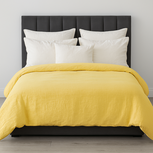 100% Cotton Muslin Duvet Quilt Cover Set w/ 2 Pillow Cases in Yellow - Double