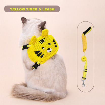 Ondoing Pet Saddle Bag Dog Harness Backpack Hiking Traveling Outdoor Bags Cute Costume (Yellow tiger bag with leash)M