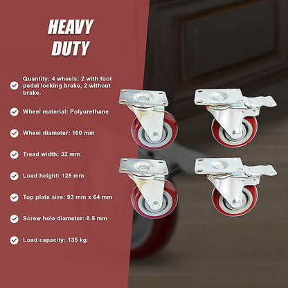 4 x 4" Heavy Duty PU Swivel Castor Wheels With Brake