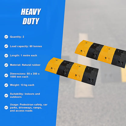 Pair of 1m Long 60T Load Rubber Speed Bump Hump Modular Speed Humps Road Hump