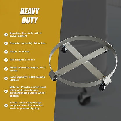 Drum Dolly 450kg 55 Gallon w Swivel Casters Heavy Duty Steel Frame Non Tipping