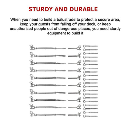 Stainless Steel Wire Rope DIY Balustrade Kit Jaw/Swage Fork Turnbuckle - 10 pack