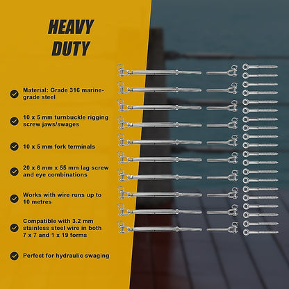Stainless Steel Wire Rope DIY Balustrade Kit Jaw/Swage Fork Turnbuckle - 10 pack