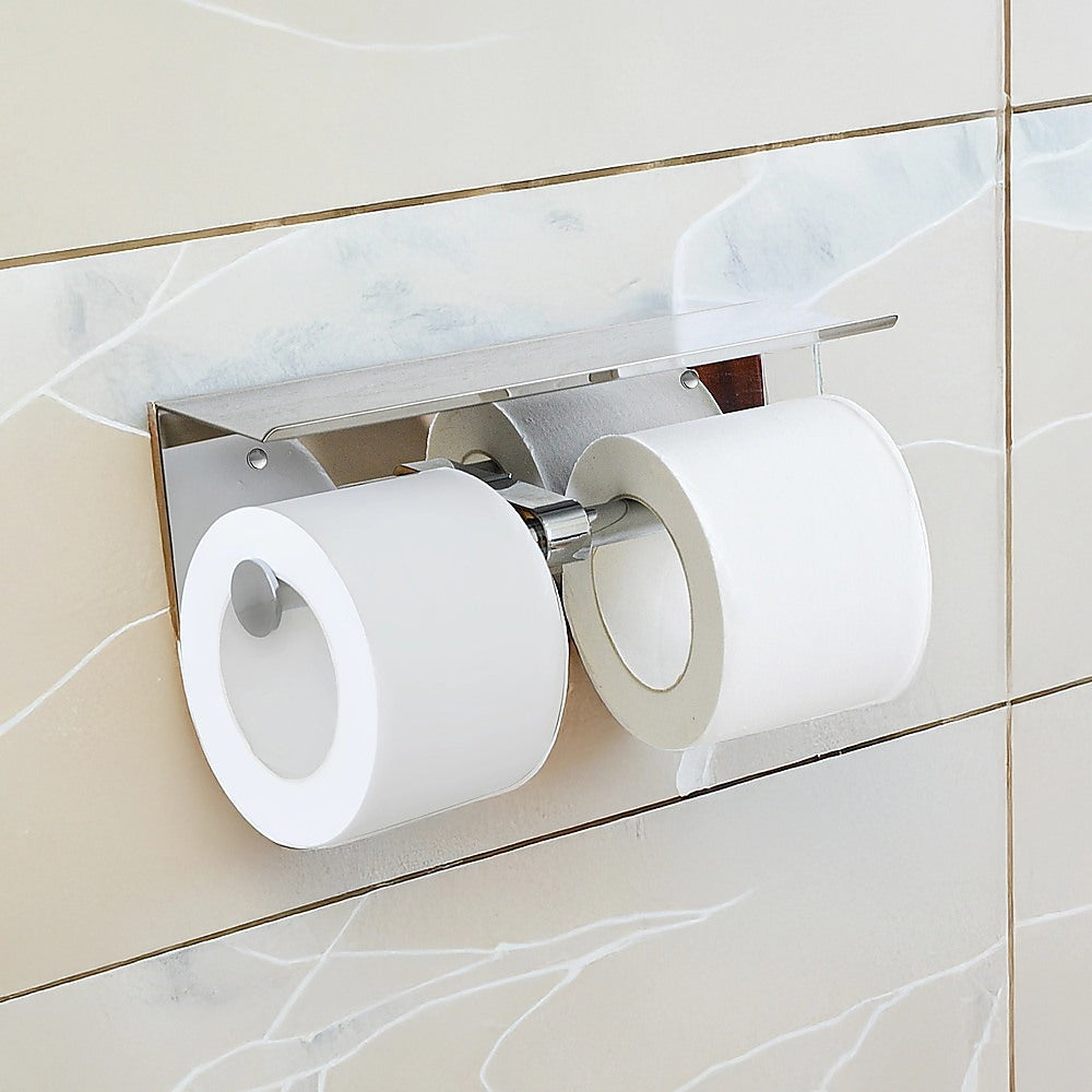 Stainless Steel Double Toilet Paper Holder Towel Roll Tissue Rack Storage Shelf