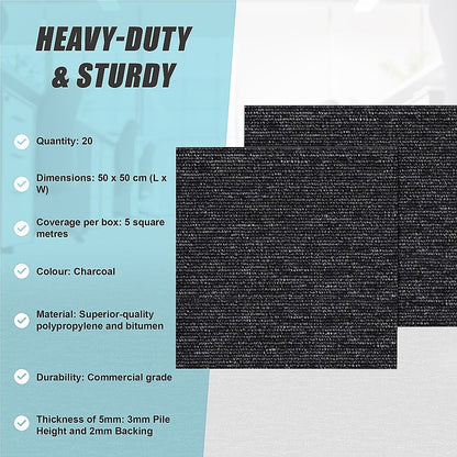 5m2 Box of Premium Carpet Tiles Commercial Domestic Office Heavy Use Flooring Charcoal