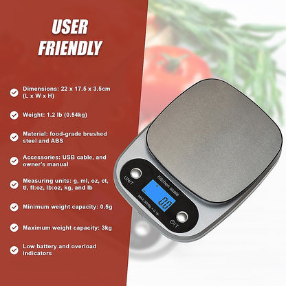 0.1g Digital Kitchen Scale 3kg Rechargeable High Precision Food