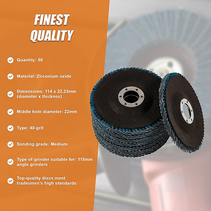 50x Pack Premium Zirconia Flap Disc Sanding Grinding 115mm 4.5" 40 Grit